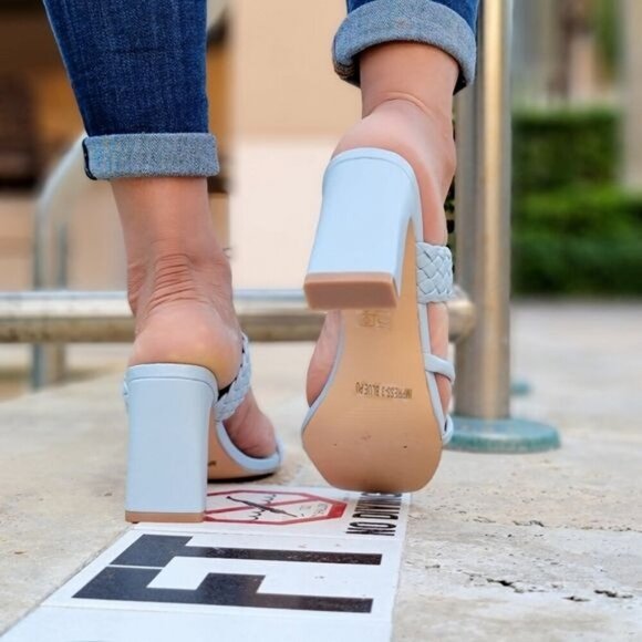 Women's Blue Braided Chunky Block Heel Slide Sandals - Picture 3 of 5